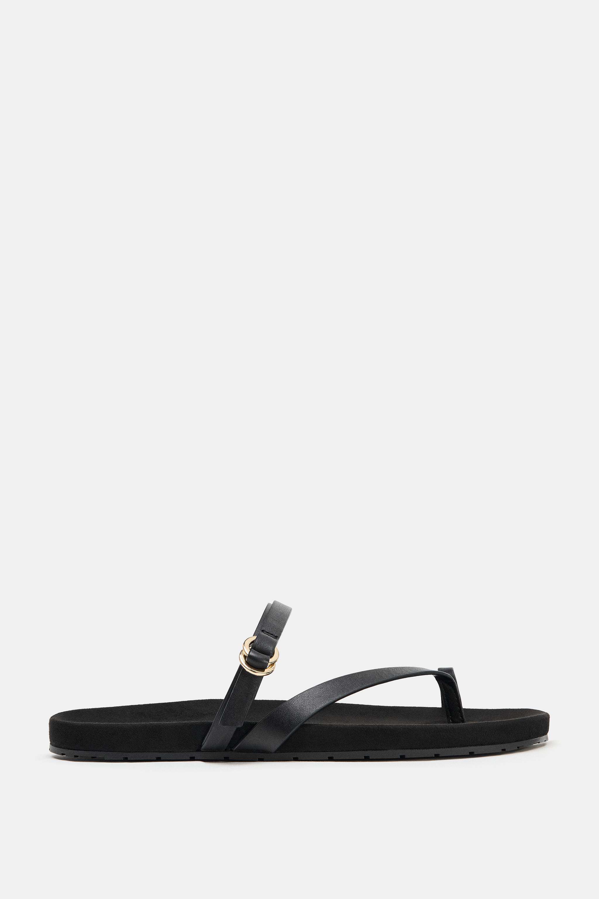 FLAT LEATHER STRAP SANDALS - Black | ZARA United States