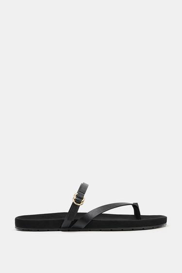 Zara FLAT LEATHER STRAP SANDALS - Black