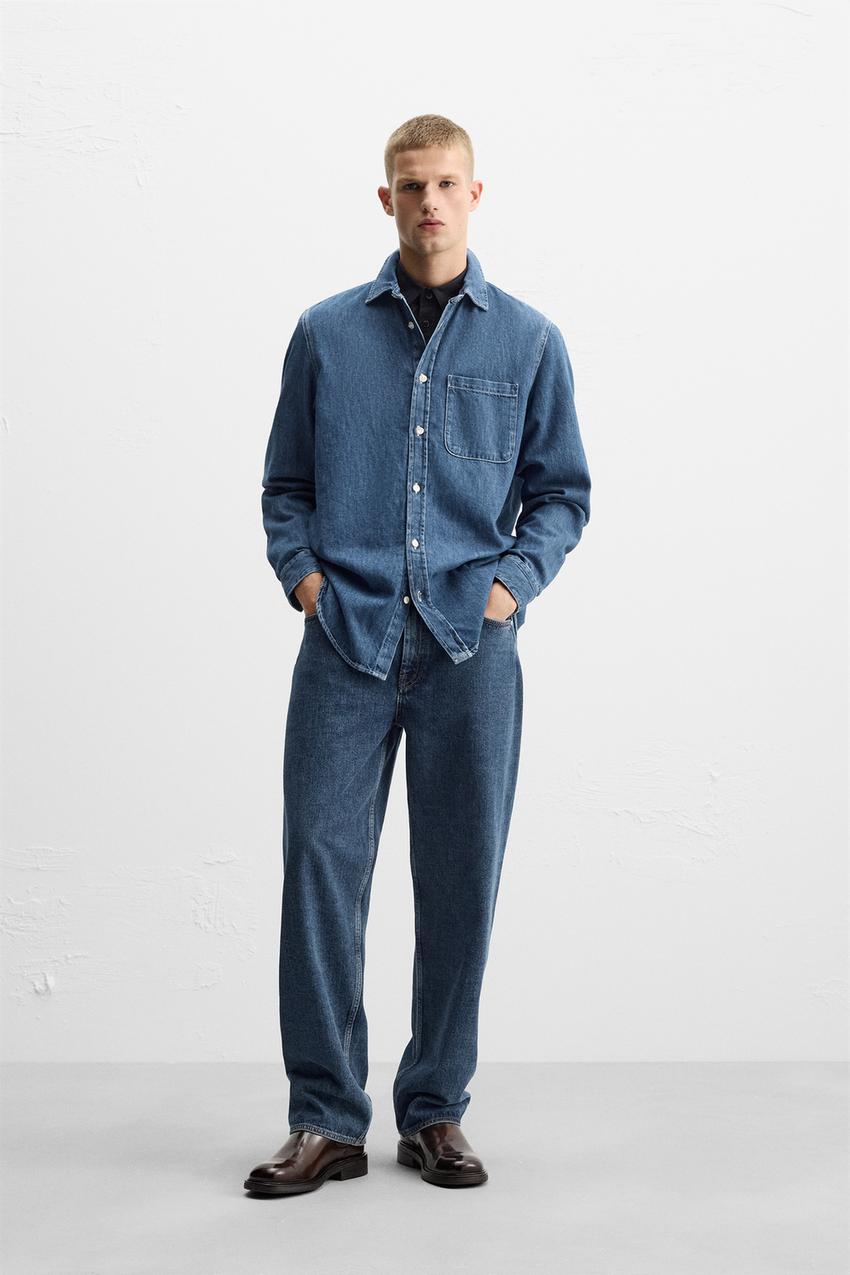 ウォッシュ加工入りデニムシャツ - ミディアムブルー | ZARA 