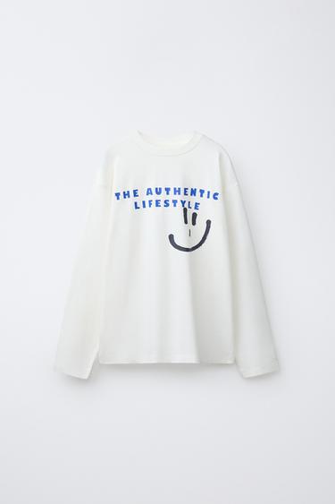 Zara SMILING FACE PRINT T-SHIRT - Oyster-white