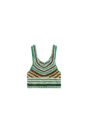 Front view of a multicolor crochet top with wide straps and stripe design.