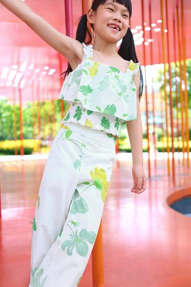 Zara 荷葉邊花卉印花上衣 - 裸色 / 綠色