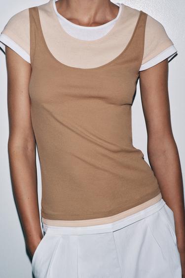 CONTRAST LAYERED T-SHIRT - Light brown by Zara - Image 1