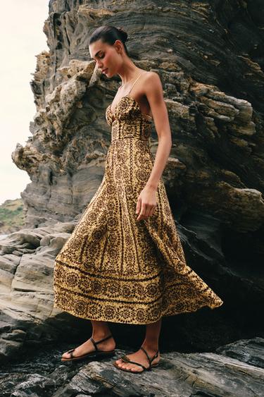 Zara CUT-OUT EMBROIDERED EYELET MIDI DRESS - Brown