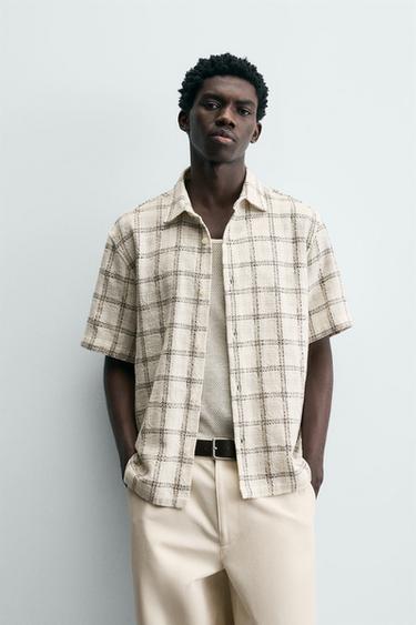 Zara TEXTURED PLAID SHIRT - Ecru