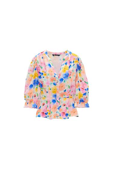 PRINTED BLOUSE WITH JEWEL BUTTON