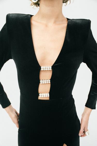 SHINY VELVET MIDI DRESS WITH APPLIQUÉS - Black by Zara - Image 2