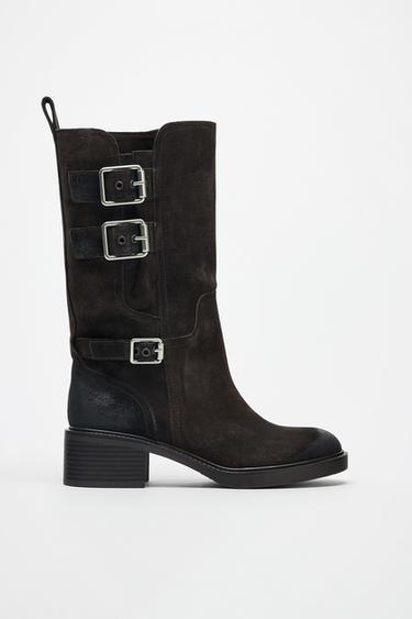 Zara BUCKLED SPLIT LEATHER ANKLE BOOTS - Brown
