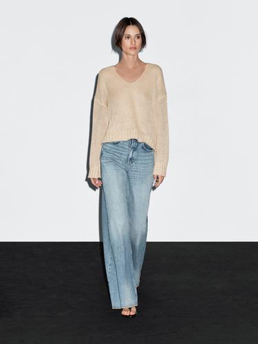 Zara Linen V-neck knit sweater - Light beige - Image 0