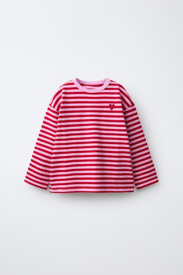 STRIPED HEART EMBROIDERY T-SHIRT - Pink by Zara