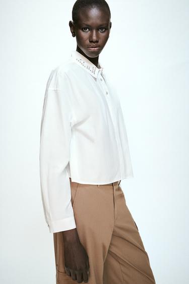 POPLIN SHIRT WITH JEWEL BEADS - White by Zara