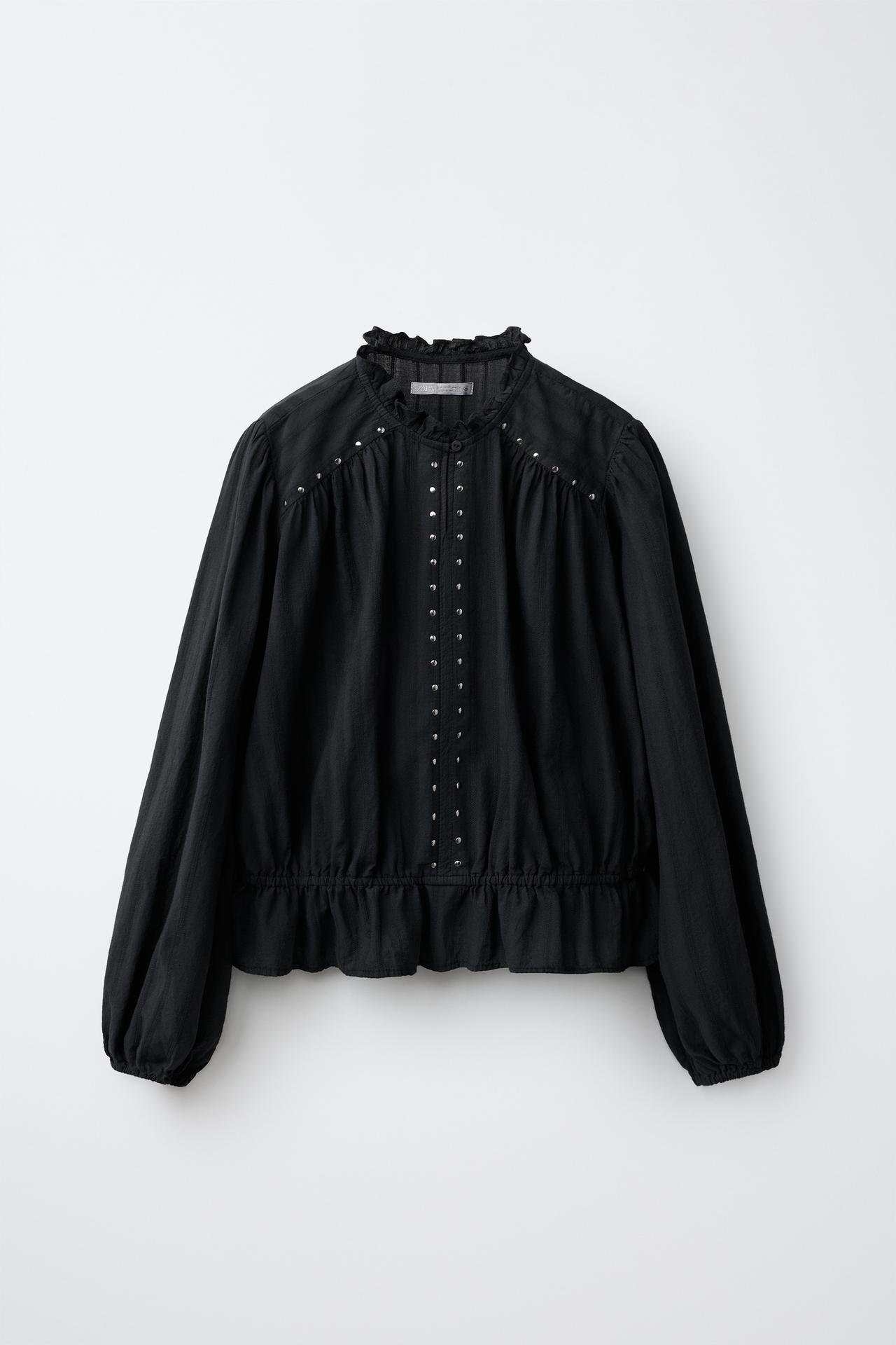STUDDED RUFFLE SHIRT — Black