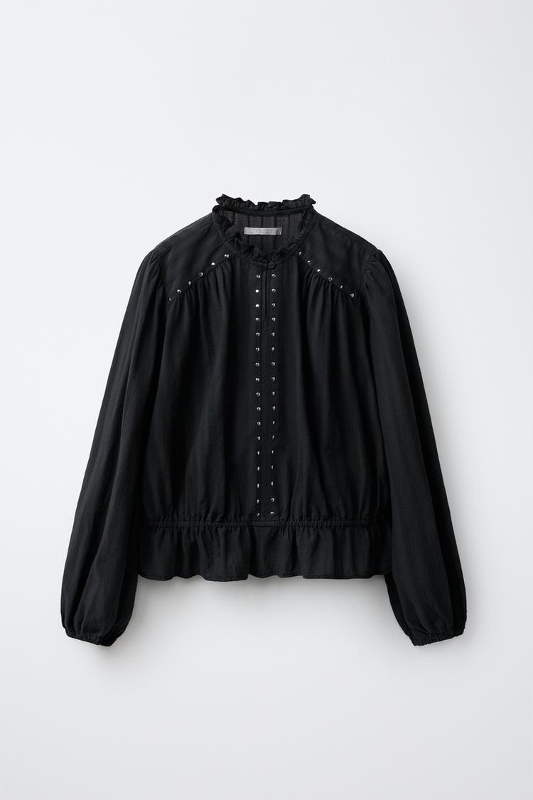 STUDDED RUFFLE SHIRT — Black