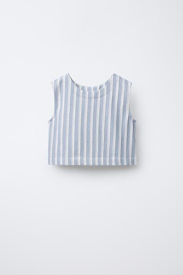 Zara BOW TRIM STRIPED TOP - Blue