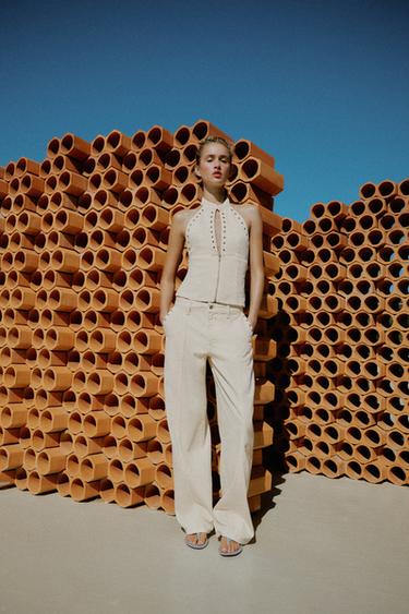Zara LOW-RISE EYELET STRAIGHT PANTS - Oyster-white - Image 0