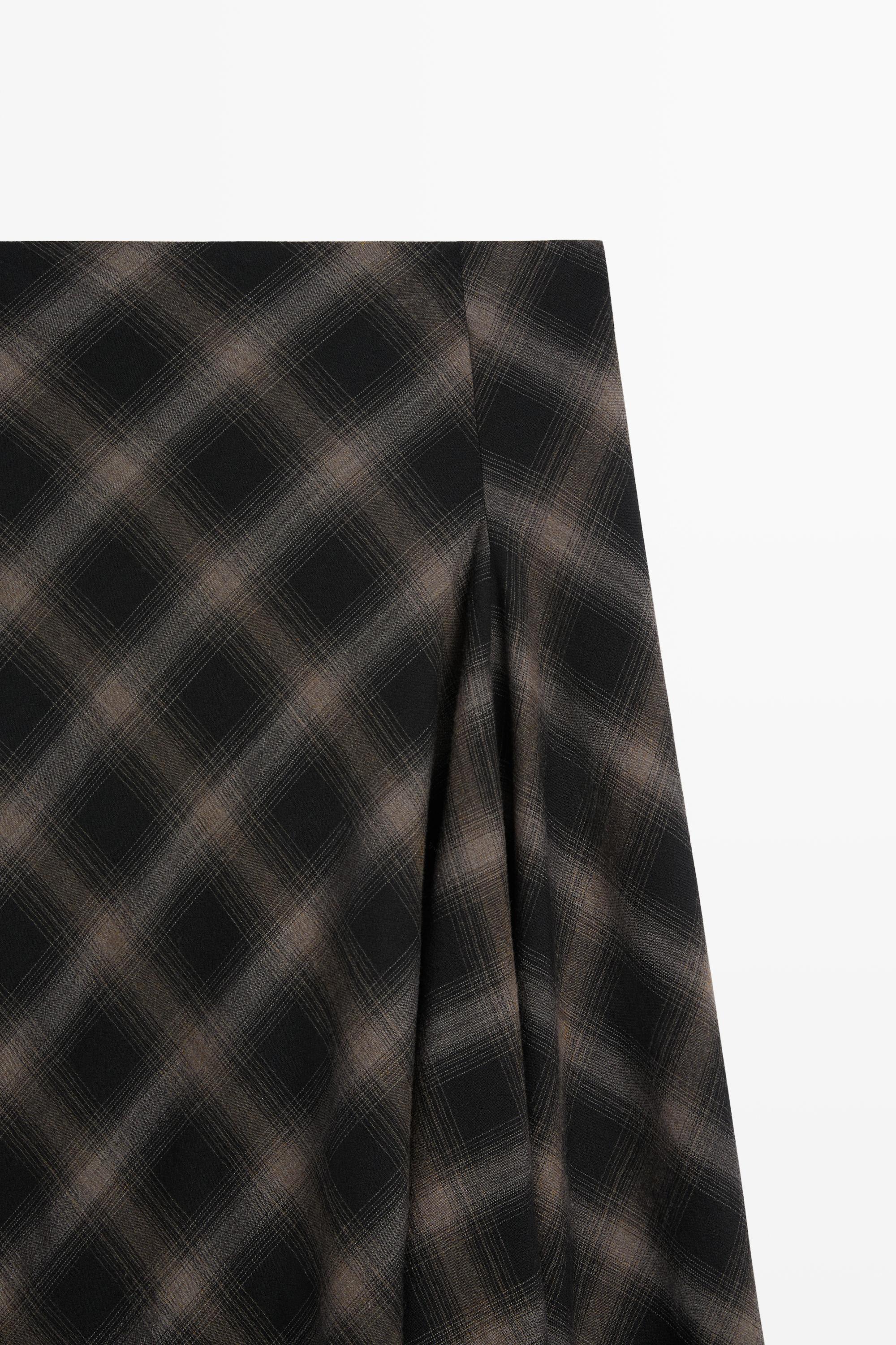 Wool-cotton blend check midi skirt with split
