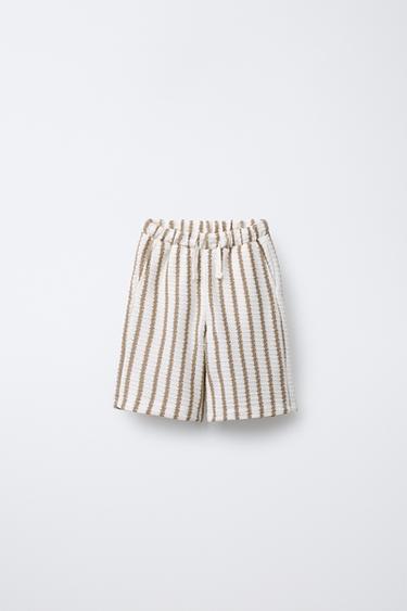 Zara TEXTURED STRIPED SLIM FIT BERMUDA SHORTS - Ecru / Beige