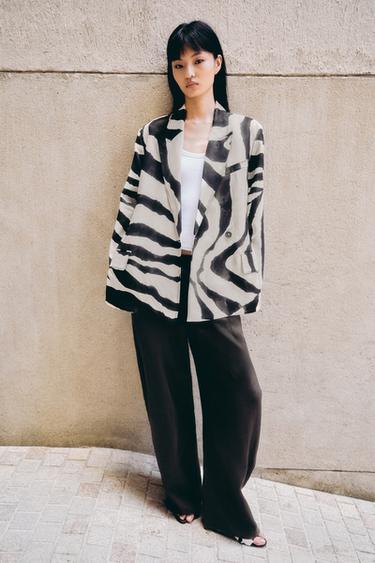 Zara ZW COLLECTION 動物紋印花西裝外套 - 白色 / 黑色