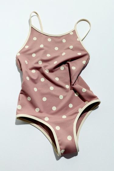 Zara 6-14 歲/撞色圓點泳裝 - 棕色