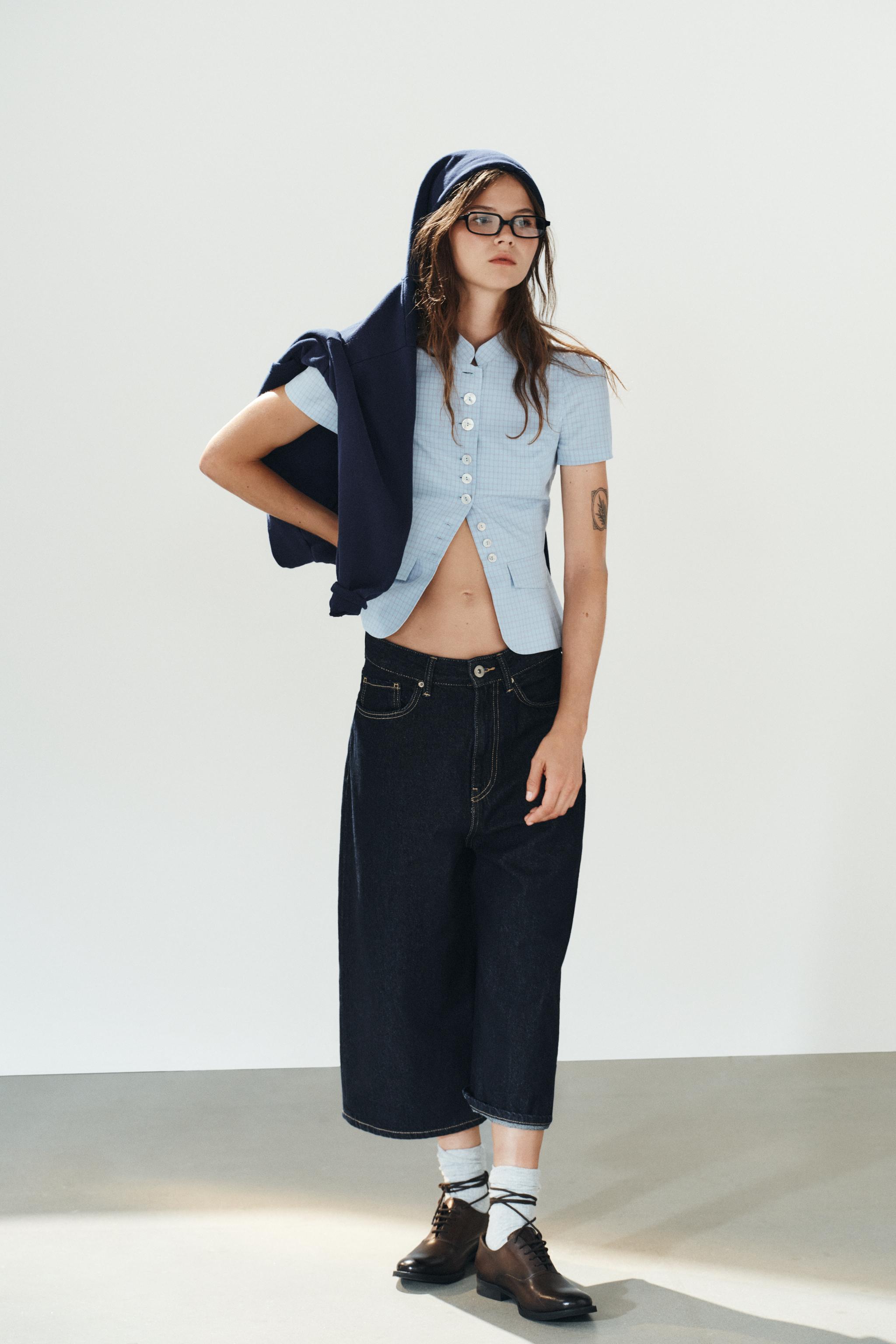 CHECKED PEPLUM TOP - Blues | ZARA United States