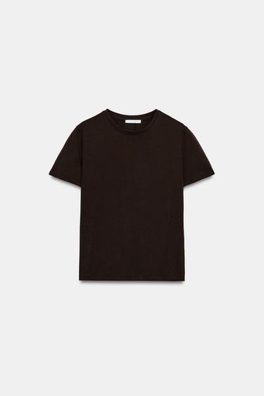 Zara RUSTIC COTTON T-SHIRT - Chocolate