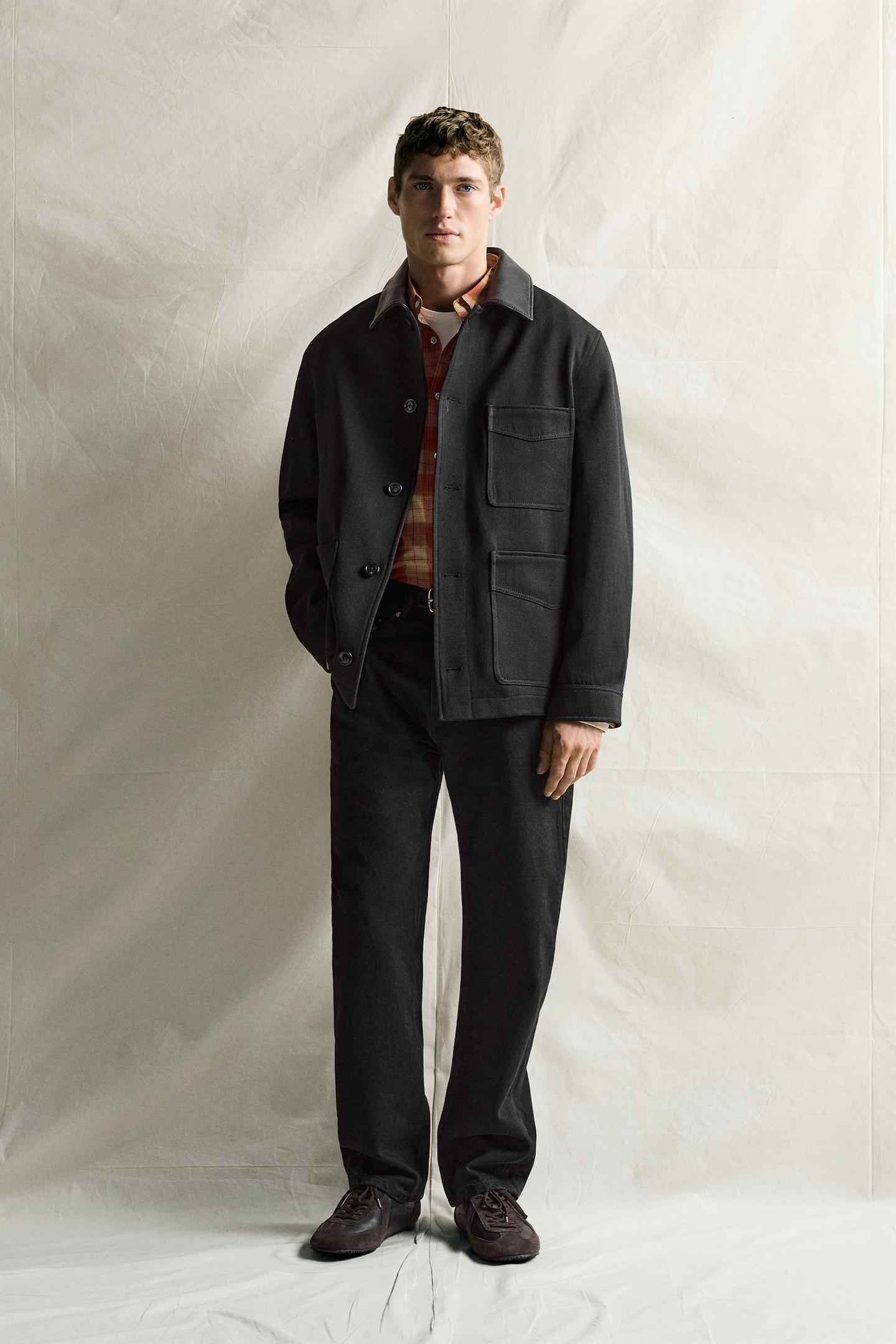 Мужская куртка Zara Wool Blend Jacket with Leather Collar, цвет: Чёрный
