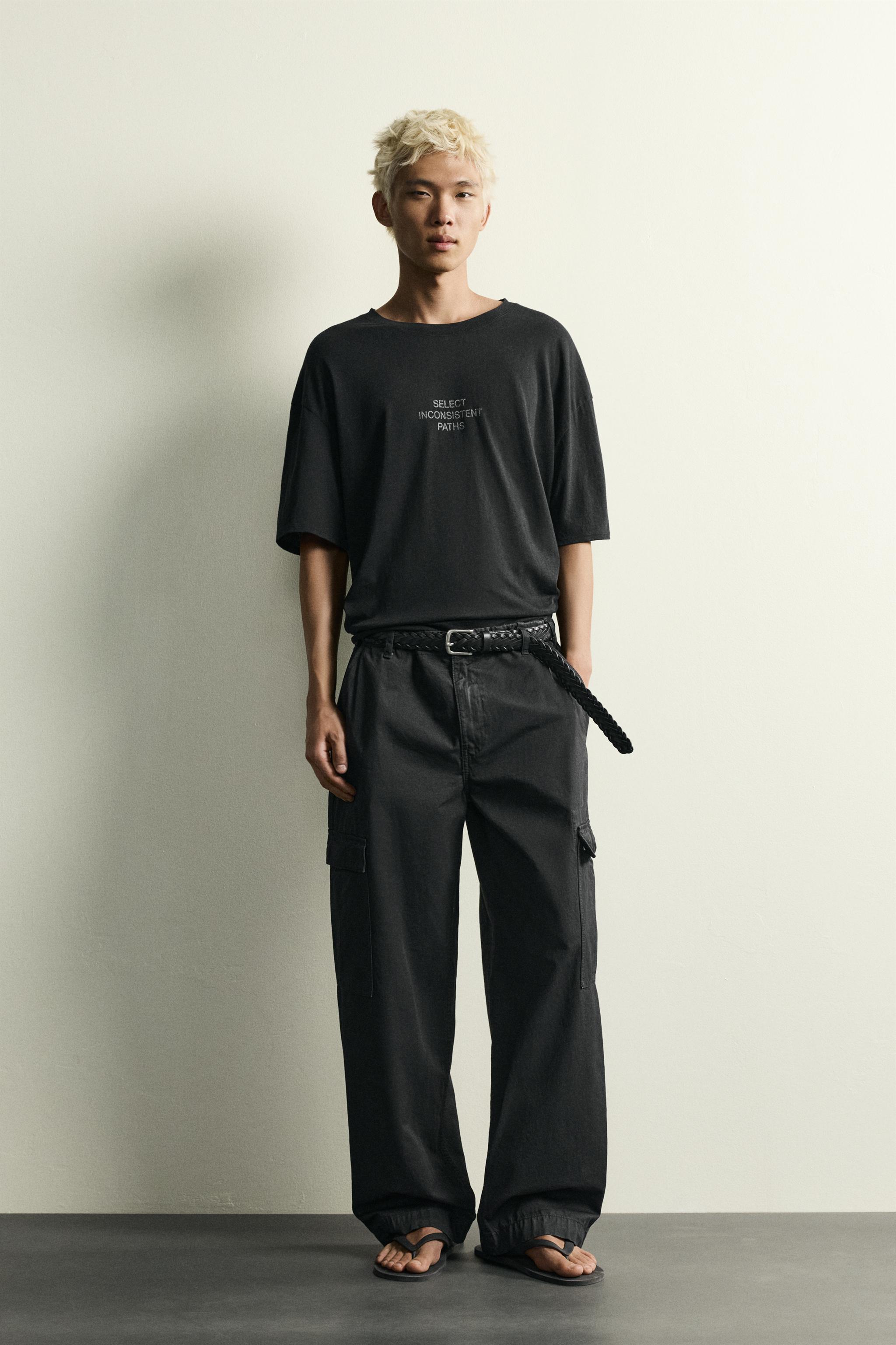 ユーズド加工テキストプリント リラックスフィットTシャツ - ブラック