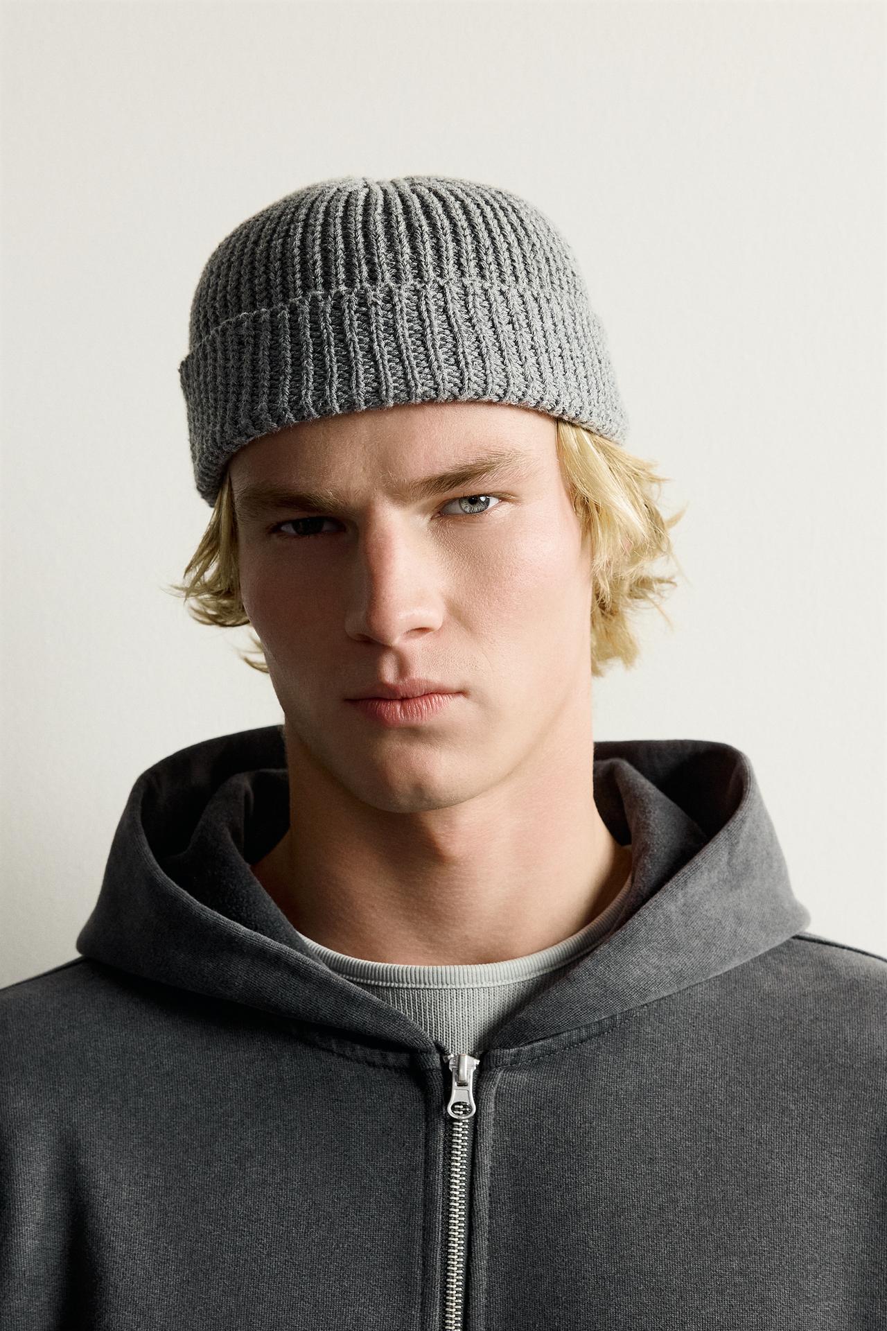 COTTON BLEND KNIT BEANIE — Gray
