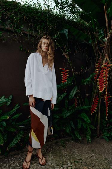 Zara LANENA BLUZA SA OTVORENOM KRAGNOM – Bela – Slika 0