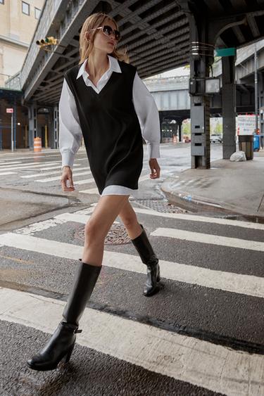 POPLIN MINI DRESS WITH MATCHING DETAIL - Black / White by Zara