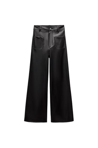 ZW NAVY STRAIGHT-LEG HIGH-WAIST FAUX LEATHER TROUSERS