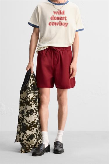 Zara 棉質人造絲百慕達短褲 - 暗紅色