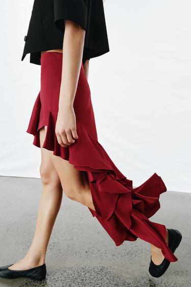 JUPE MIDI À VOLANTS ZW COLLECTION - Rouge de Zara - Image 2