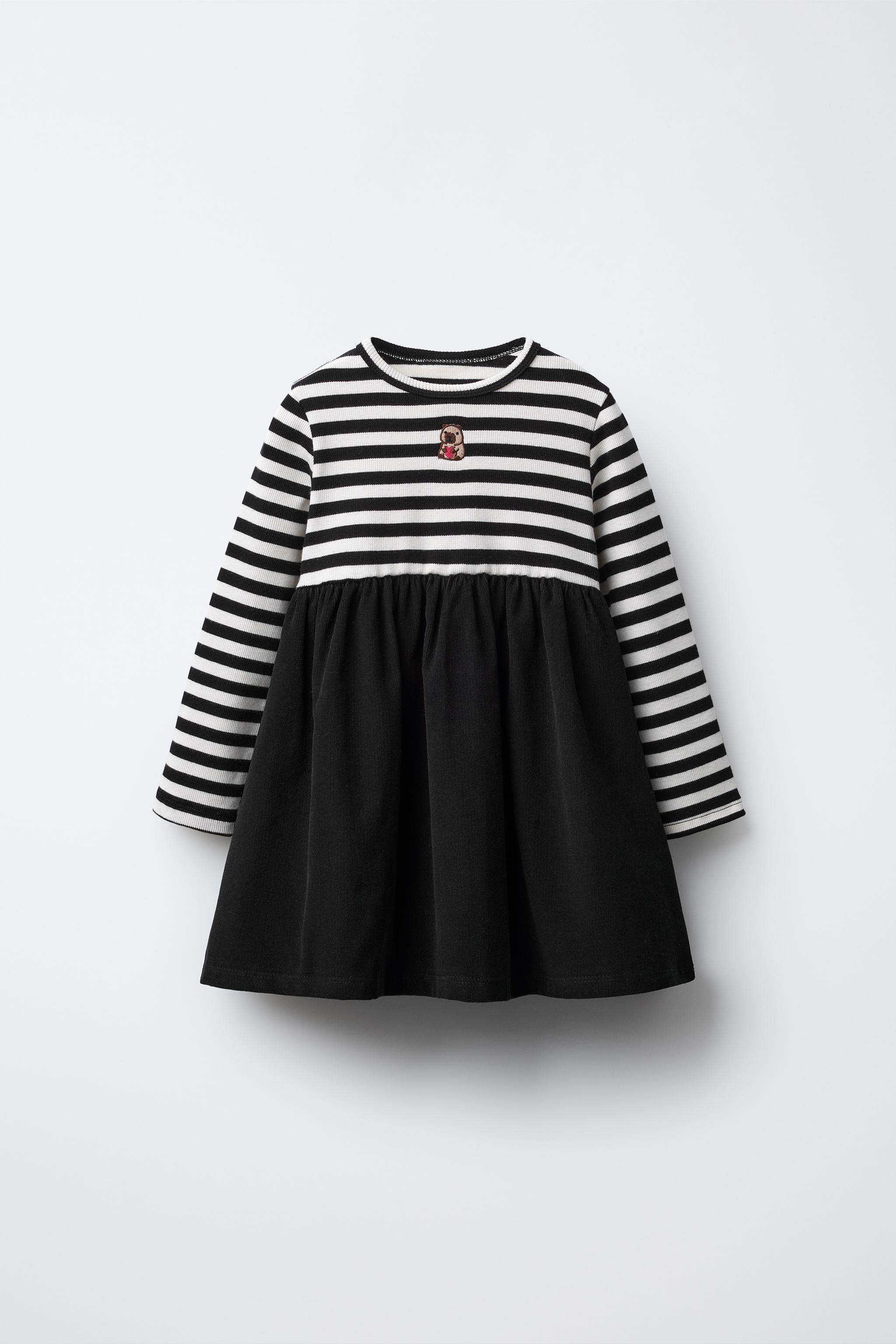EMBROIDERED FINE-WALED CORDUROY STRIPED COMBINATION DRESS