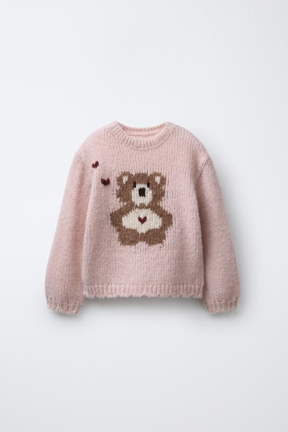 PULL EN MAILLE PERLÉE AVEC OURSON BRODÉ - Bleu | France