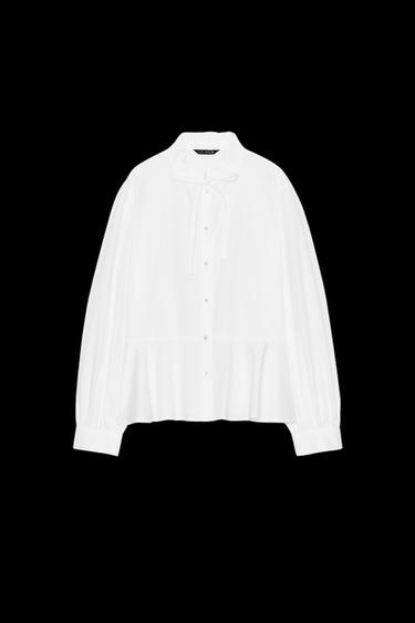 Zara TIED PEPLUM POPLIN SHIRT - White