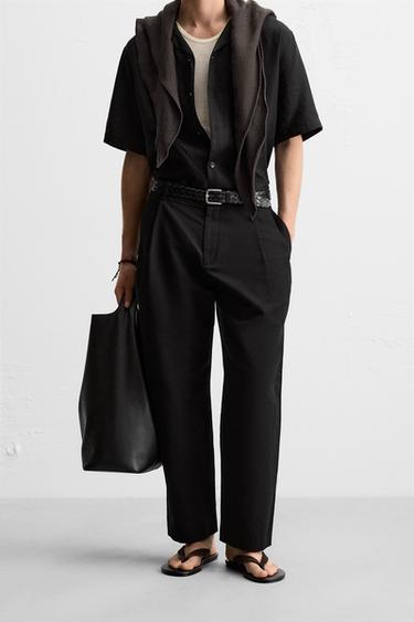 COTTON/LINEN PLEATED TROUSERS - Black by Zara