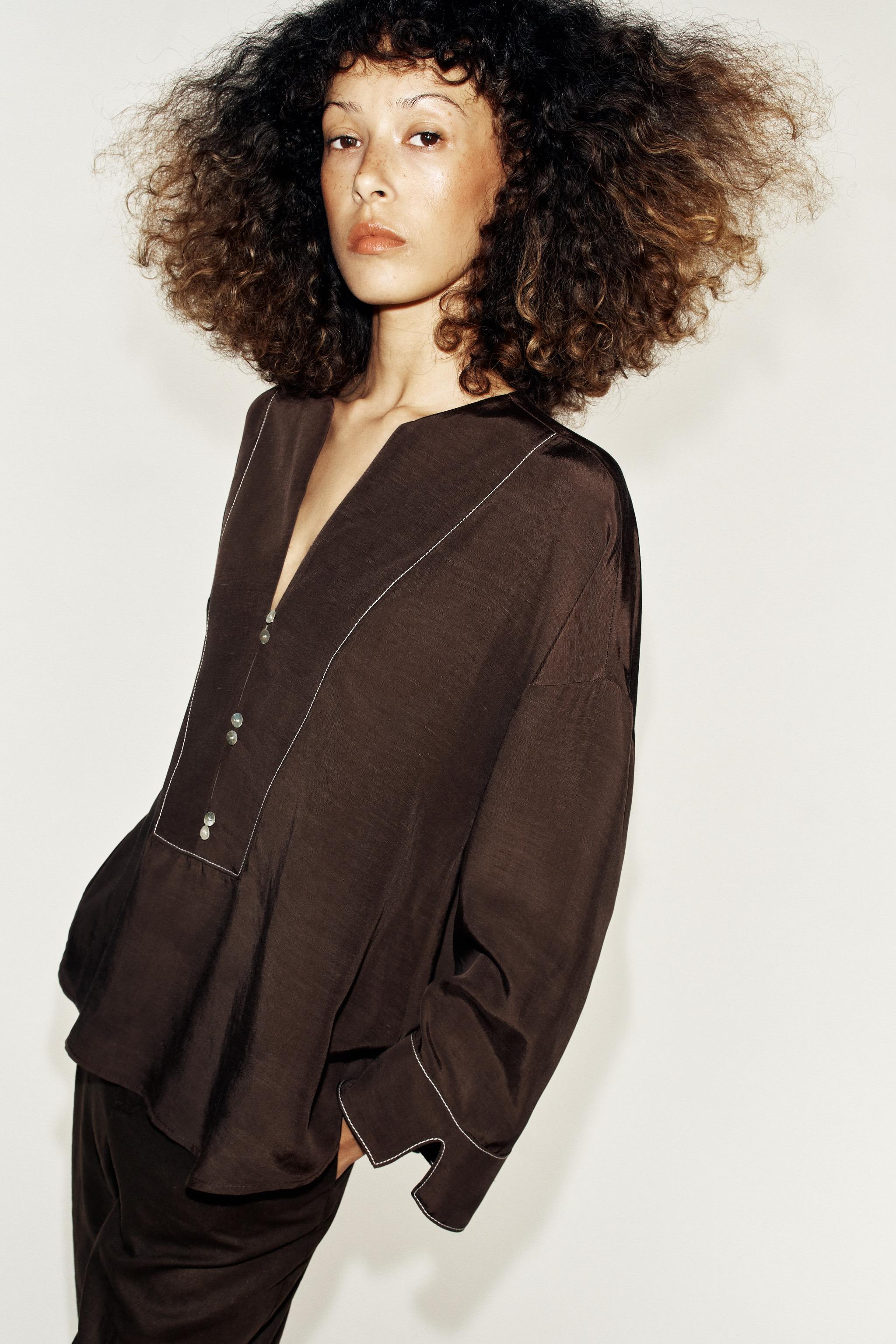 CONTRAST STITCH LINEN SHIRT — Brown