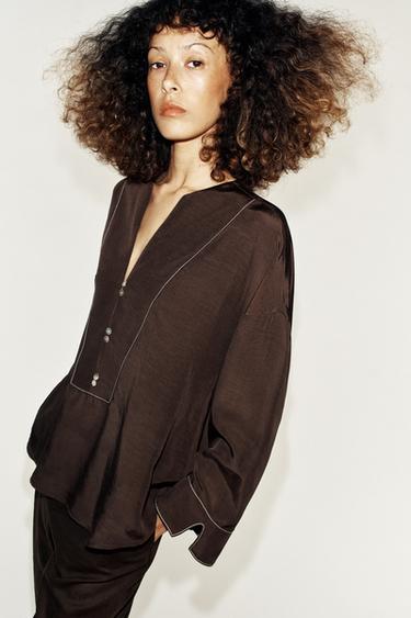LINEN BLEND SHIRT WITH CONTRAST STITCHING - Brown by Zara