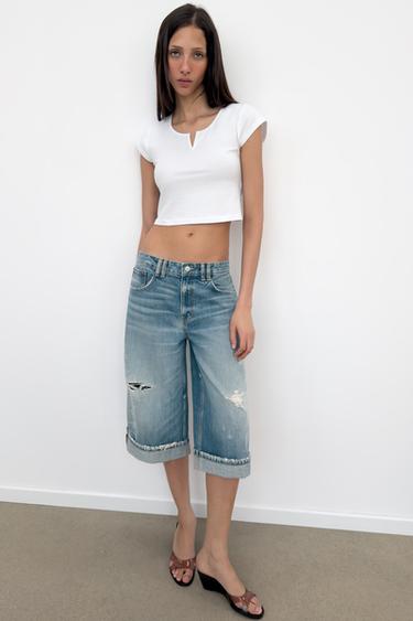 TRF MID-WAIST RIPPED DENIM JORTS - Blue by Zara