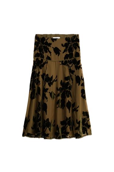 Zaras KJOL I BLOMMIG DEVORÉ LIMITED EDITION - Mörk olivgrön