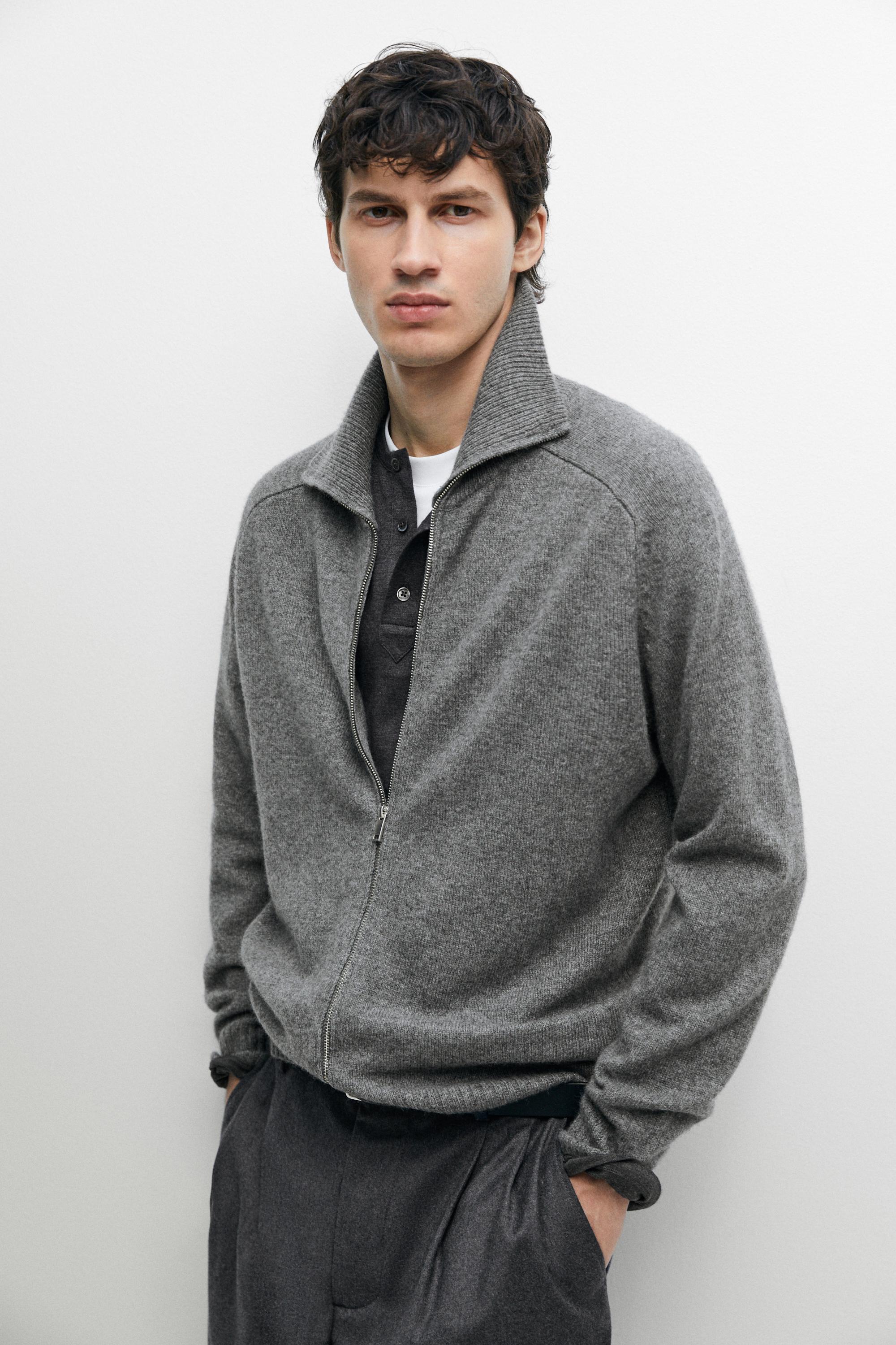 Wool blend zip-up knit cardigan
