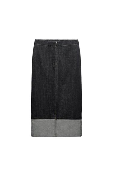 Black denim skirt with light grey hem, front view on white background. Simple and modern design.