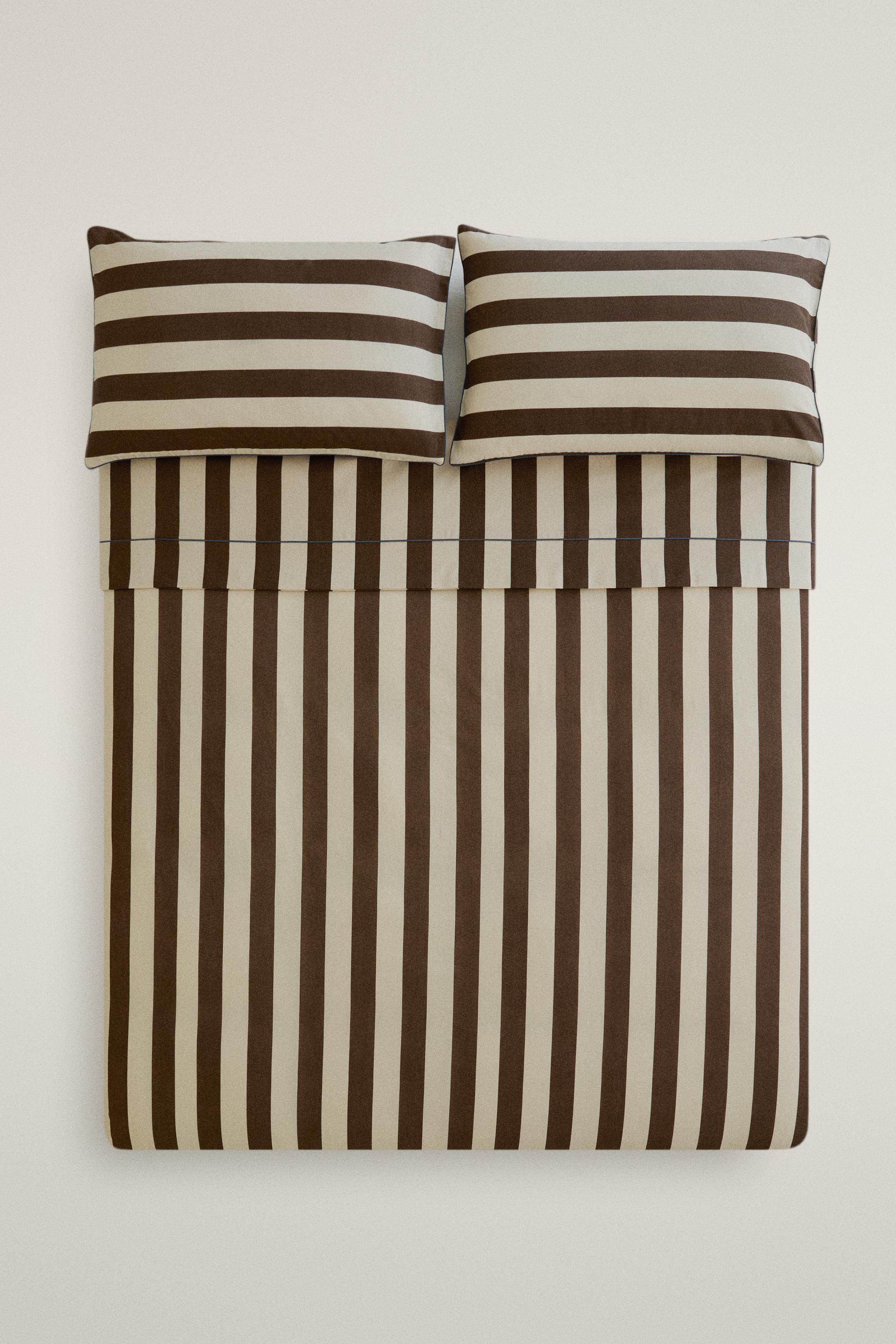 FADED COTTON STRIPE DUVET COVER — Dark brown