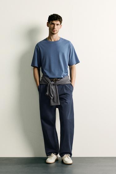 PLEATED STRAIGHT-LEG CHINO TROUSERS - Navy blue by Zara - Image 0