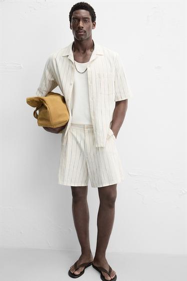 STRIPED TEXTURED BERMUDA SHORTS - Ecru / Blue by Zara - Image 5