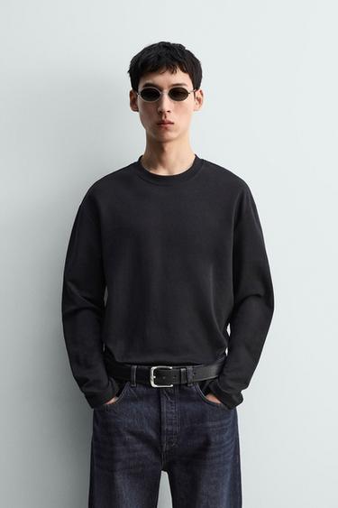 Zara 彈性棉質長袖 T 恤 - 黑色