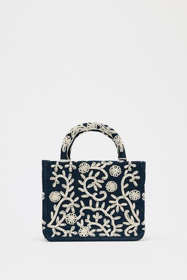Zara EMBROIDERED DETAIL RIGID DENIM CITY BAG - Blue