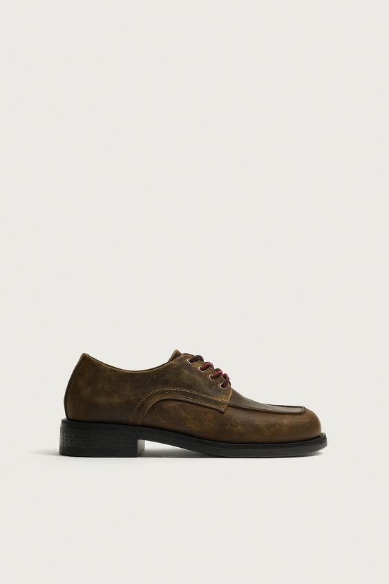 Zara DISTRESSED LEATHER SHOES - Brown - Image 0