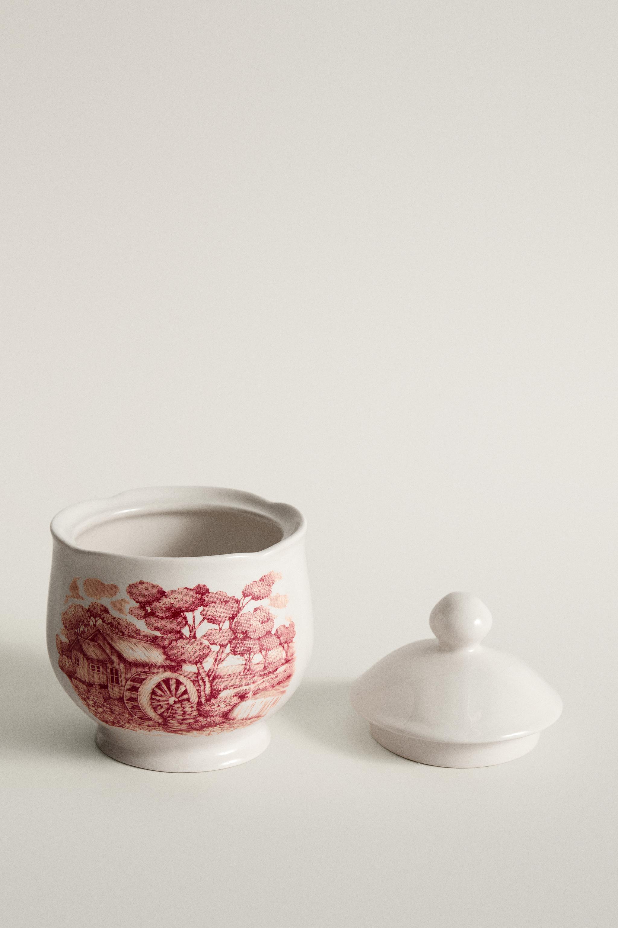 EARTHENWARE SUGAR BOWL WITH FLORAL LANDSCAPE